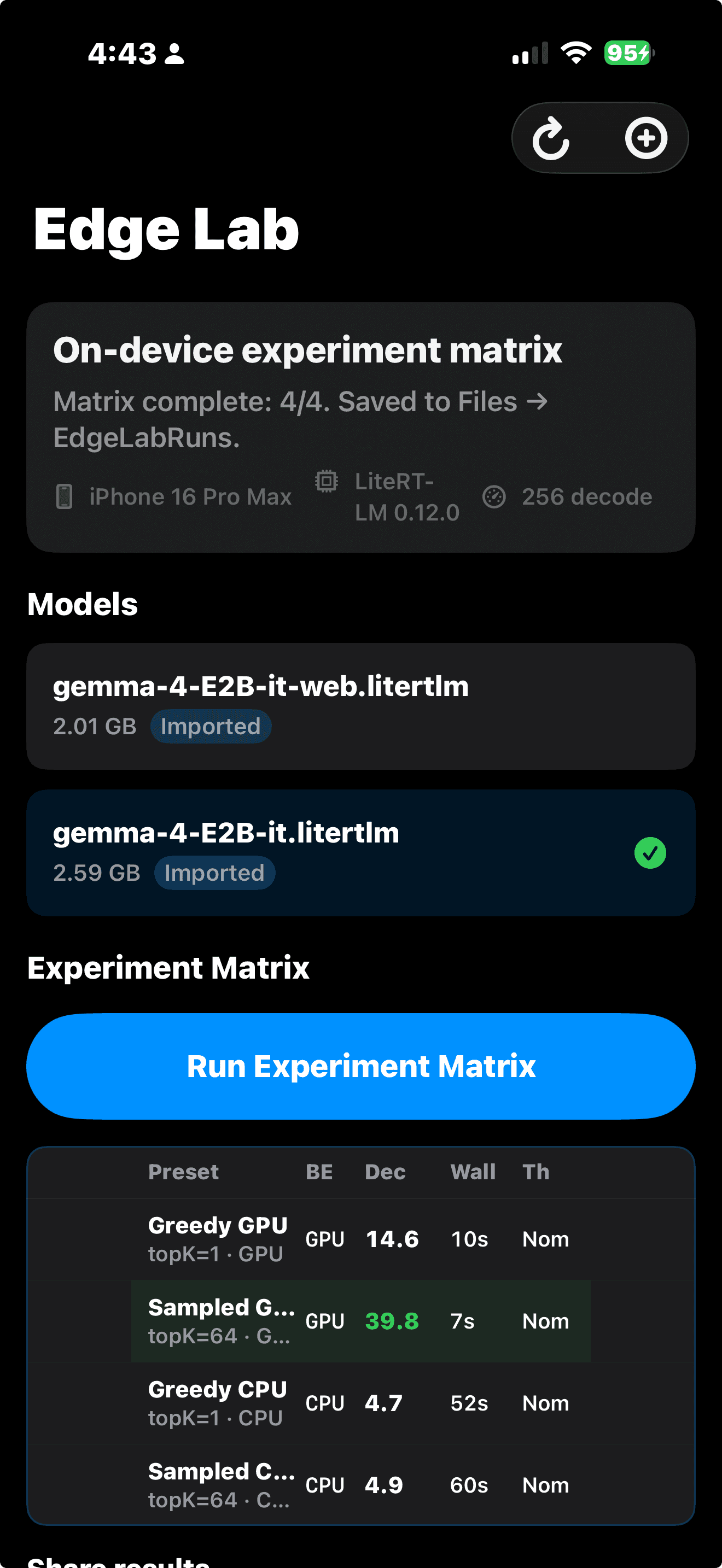 Edge Lab experiment matrix showing four presets with decode tok/s and wall clock times